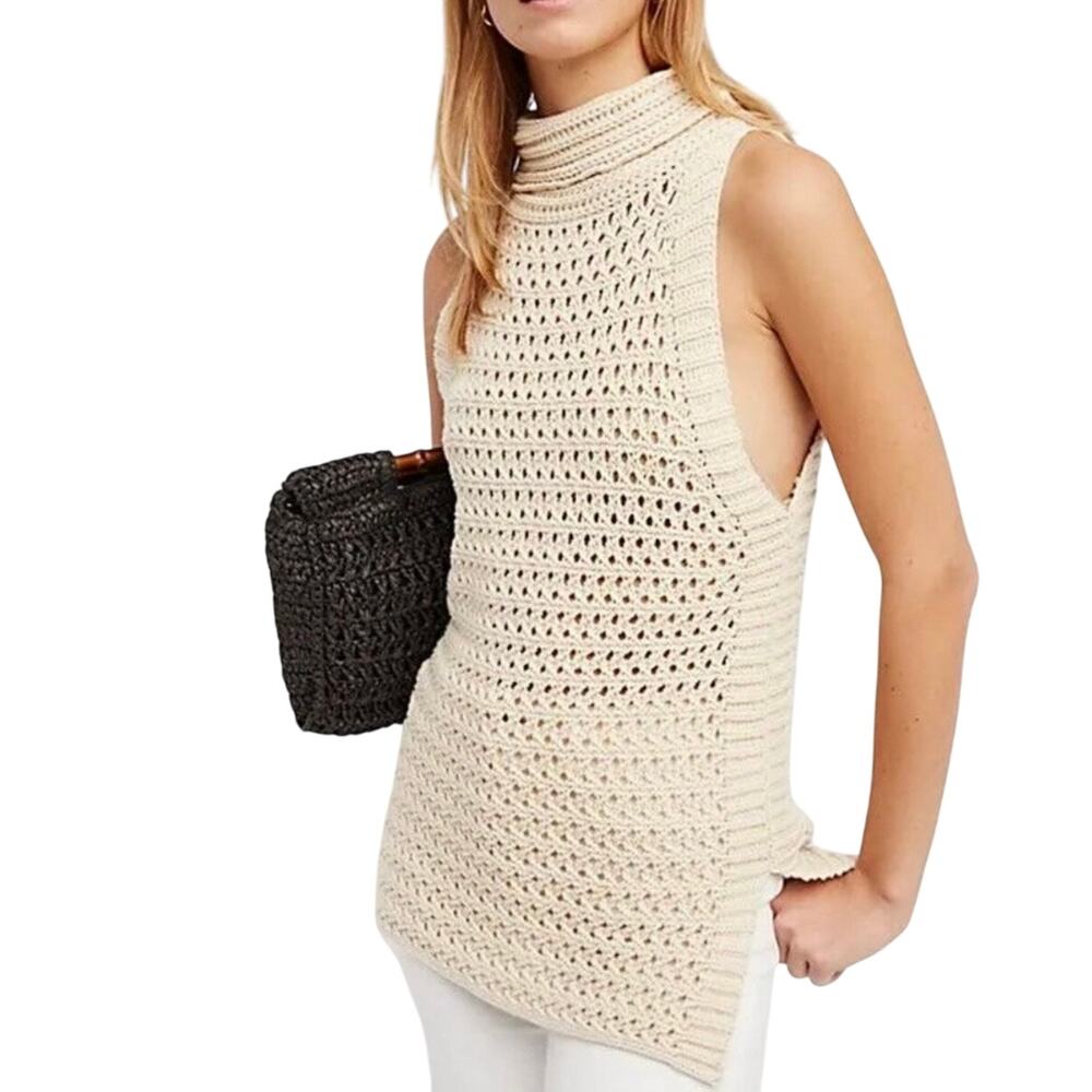Free People Northern Lights Crochet Knit Beige Cream Vest Size Medium